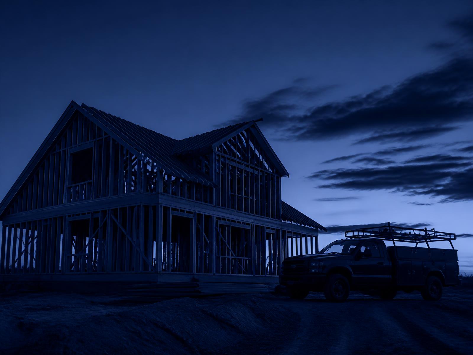 Timber-framed house under construction at dusk with a work truck